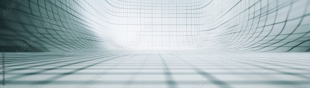 Poster a futuristic, abstract space with grid patterns and soft lighting.