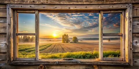 Fototapeta premium Rustic Window Frame Reveals a Serene Sunrise Over a Misty Farmland Field