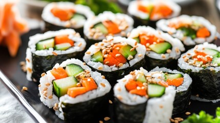 A platter of colorful vegetable sushi rolls filled with cucumber, avocado, and carrot