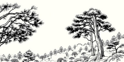 Fototapeta premium Pine forest landscape with oriental line art style, perfect for Japanese and Chinese themes, nature, vector