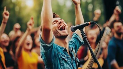Obraz premium Joyful musician singing passionately in front of enthusiastic crowd during outdoor concert in summer evening light
