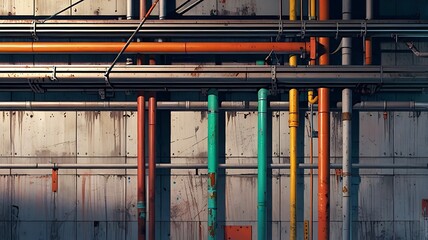 Complex network of exposed pipes and colorful electrical wires running along a concrete surface, creating a bold, high-tech industrial background