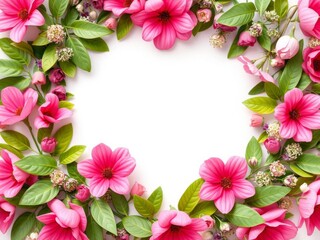 Pink flower frame with white circle center, green leaf and floral arrangement in a radial composition Bright and fresh 3D render perfect for spring and summer templates, bright, flower