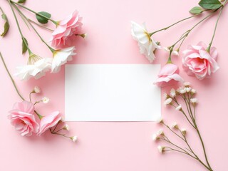 Fototapeta premium Pink flowers in various shades and shapes placed on a soft pink background with a white card in the center, creating a minimalist and elegant composition, nature, Pink