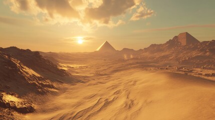 Naklejka premium Majestic Sunset Over Pyramids in Desert Landscape at Golden Hour