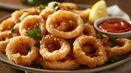A platter of crispy calamari rings served with marinara sauce and lemon wedges, Calamari platter centered, Soft ambient lighting accentuating their golden crunch