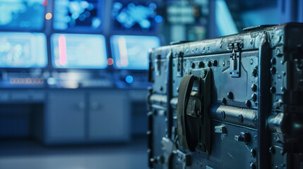 A Close-Up of a Metallic Nuclear Payload Container with a Blurred Control Room Background, Emphasizing Security and Precision in Modern Nuclear Operations