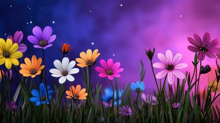 Fototapeta premium A captivating image of various colorful flowers, including pinks, purples, oranges, yellows, and whites, blooming in a field of grass.