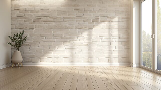 White Pastel pale brick block stone empty room interior blank wall background or backdrop with plants window light shadows for online zoom presentations webinars and virtual meetings teams video call