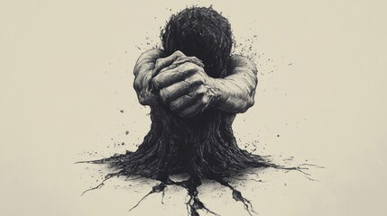 Fototapeta premium A figure sits in despair, merging with a dark, organic mass, symbolizing struggle and emotion.
