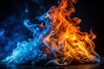 Captivating Blue-Orange Fire Close-Up with Smoke Ascending Against a Black Backdrop for Dramatic Portrait Photography