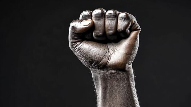 Close-up of a raised fist against a dark background.  Powerful image representing strength, unity, and protest.