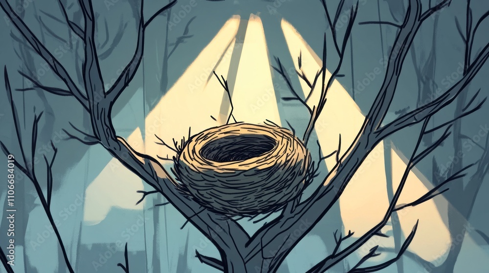 Poster a solitary nest perched in a tree, illuminated by soft beams of light in a tranquil setting.