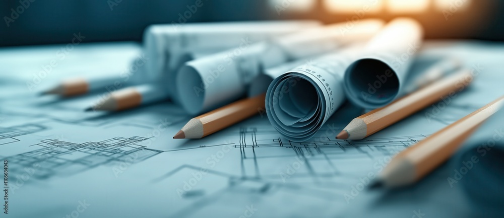 Poster a collection of rolled blueprints and pencils on a drafting table, showcasing architectural design w