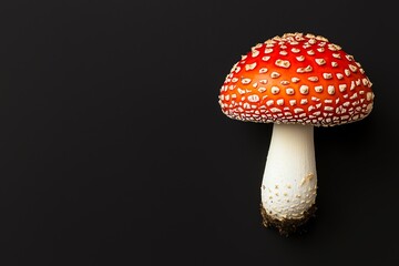 Obraz premium A vibrant red mushroom with white spots stands out against a black background, showcasing its unique and eye-catching features.