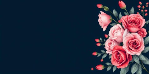 Red watercolor background with dark blue and red roses, silver frame, elegant floral arrangement, elegant, watercolor