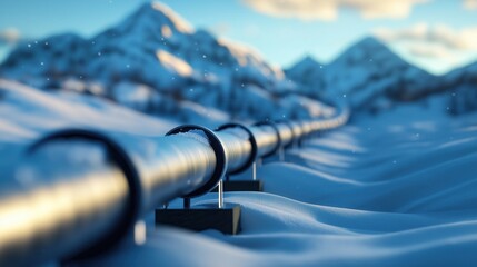 A pipeline stretches through a snowy landscape, with mountains in the background, showcasing a serene yet industrial scene.
