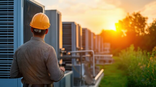 A technician in a hard hat observes cooling units at sunset, showcasing industrial work and energy management.