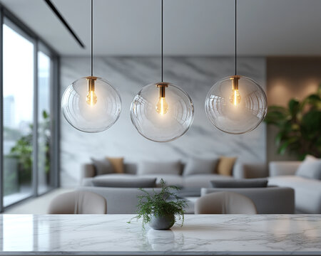 Contemporary high-rise apartment with a minimalist dining set, marble table top, and modern pendant lights. The room has a sophisticated city vibe