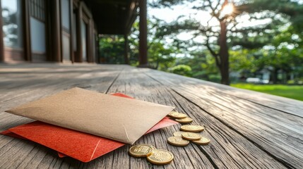 Scattering elegance red envelopes and golden coins symbolizing prosperity in a serene garden setting
