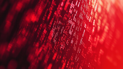 Binary code on red digital background symbolizing data breach and cyber threats