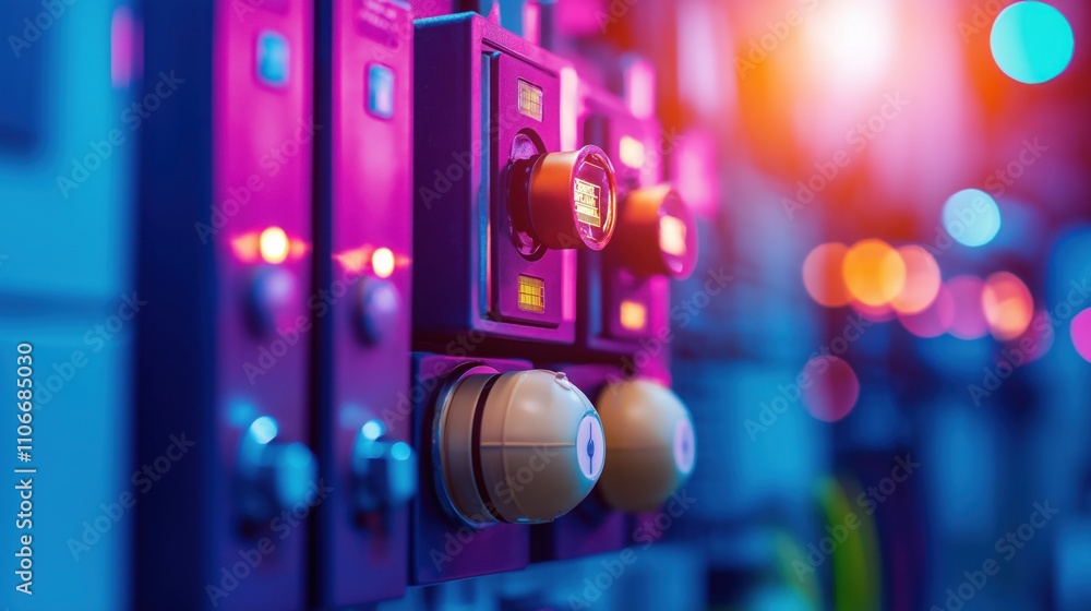 Poster a close-up view of colorful control panels and buttons, featuring illuminated switches and a modern,