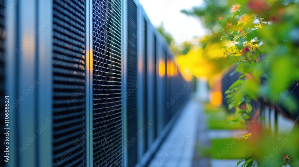 Poster a serene view of a lined pathway bordered by greenery, featuring sleek panels that reflect soft ligh