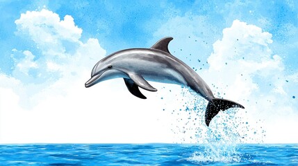Obraz premium A vibrant watercolor-style illustration depicts a dolphin leaping gracefully out of the ocean against a backdrop of a light blue sky with fluffy white clouds.