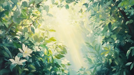 Sunlight filtering through lush greenery serene forest nature photography tranquil atmosphere aesthetic perspective natural beauty