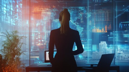 Data analyst analyzing trends in high-tech office space modern workspace digital environment professional viewpoint