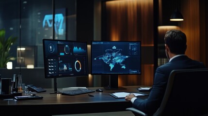 Naklejka premium Data analysis meeting corporate office digital dashboard overview modern workspace professional perspective tech insights