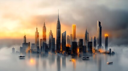 Obraz premium A sleek, futuristic cityscape with towering skyscrapers, floating vehicles, and glowing lights in the distance, Ultra-Realistic, Photo Realistic, highly detailed, 