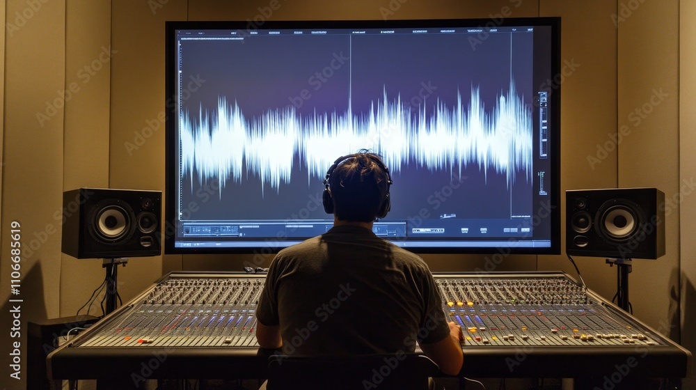 Poster audio editing session sound studio digital content creation controlled environment rear view sound e