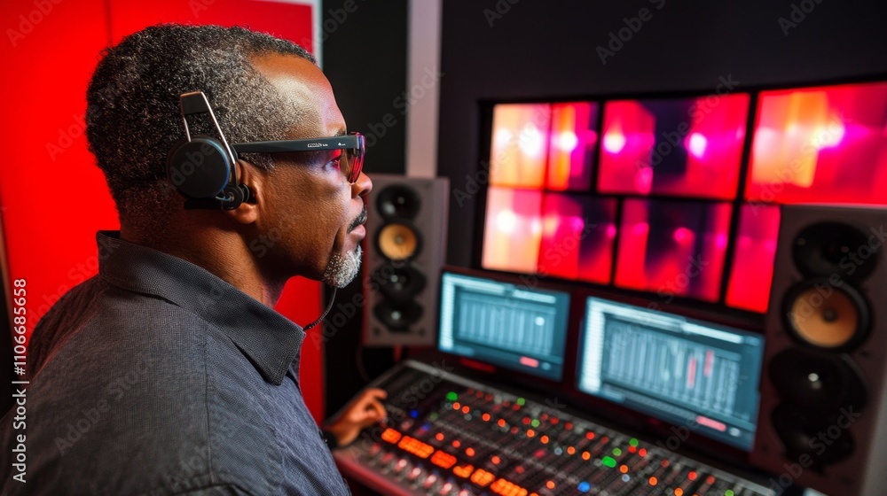 Poster music production action recording studio digital content creation indoor environment side view creat