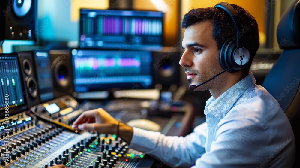 Poster audio engineering session recording studio professional environment technology focus close-up view s