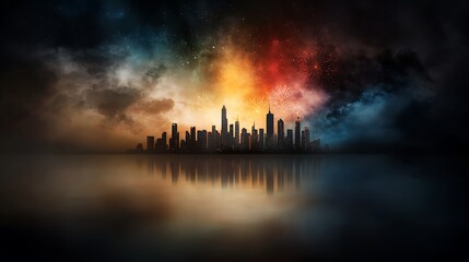 Obraz premium A spectacular fireworks display over a city skyline at night, with bright colors exploding in the sky and reflecting in the water below. Ultra-Realistic, Photo Realistic, highly detailed, 