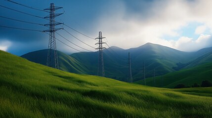 Obraz premium A serene landscape featuring lush green hills and towering power lines against a cloudy sky.
