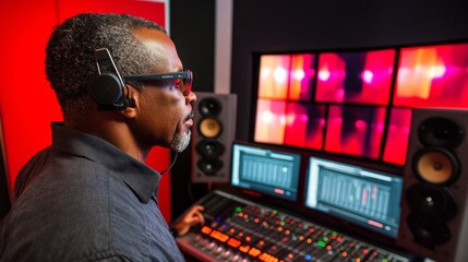 Music production action recording studio digital content creation indoor environment side view creative technology exploration