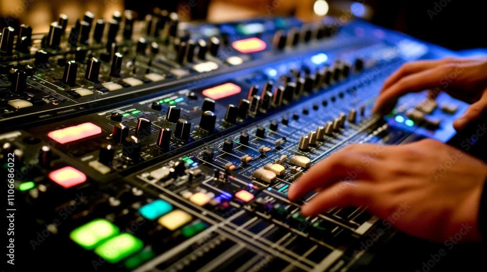 Poster live music mixing session recording studio action shot creative environment close-up view sound engi