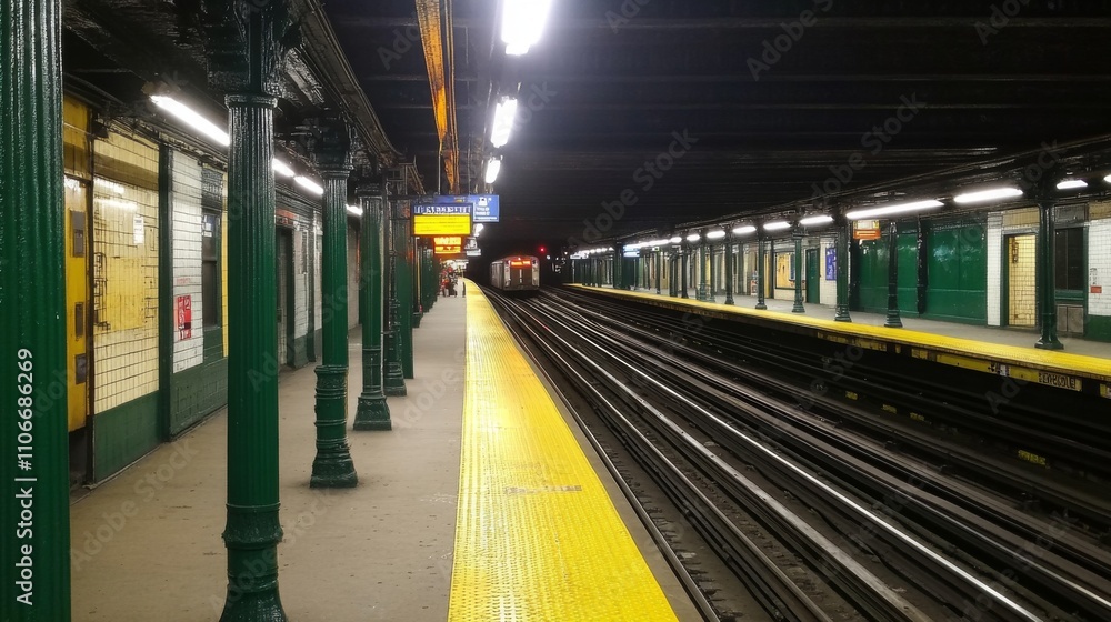 Aufkleber Empty Subway Station Platform with Yellow Line and Green Columns
