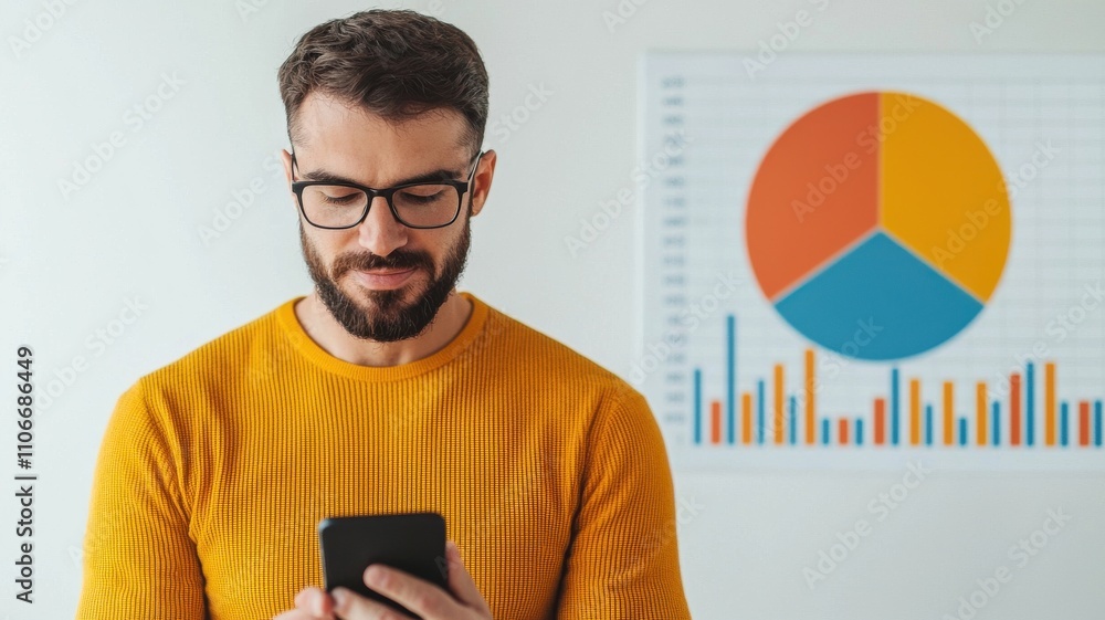 Poster a man in a yellow sweater uses a smartphone while analyzing a colorful graph on the wall, showcasing