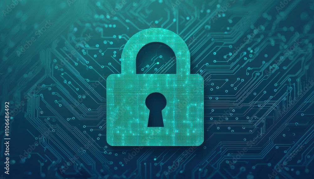 Poster a digital padlock symbolizing cybersecurity and data protection, set against a circuit board backdro