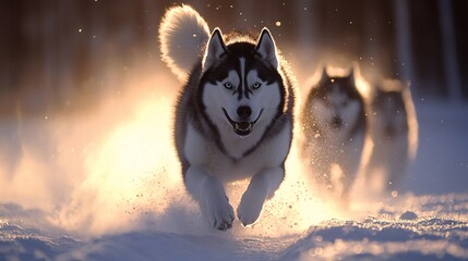 Majestic Siberian Husky Running Through Snowy Landscape at Sunset
