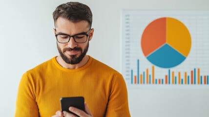 A man in a yellow sweater uses a smartphone while analyzing a colorful graph on the wall, showcasing data insights in a modern workspace.