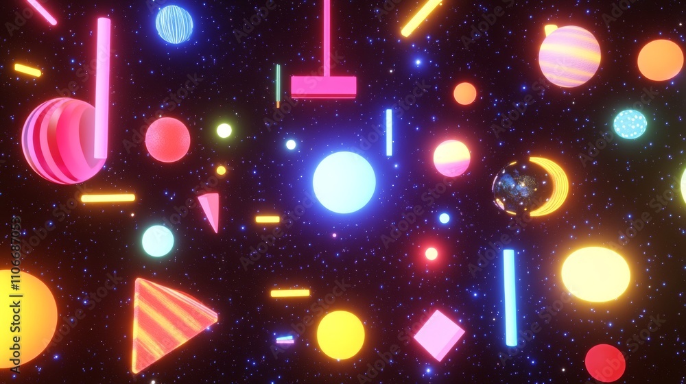 Poster colorful geometric shapes floating in cosmic space background