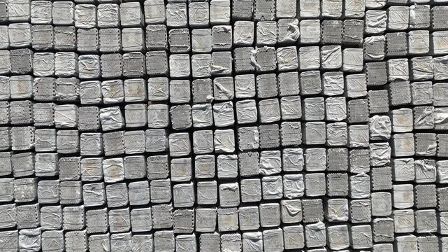 Top view of a warehouse of paving slabs. 