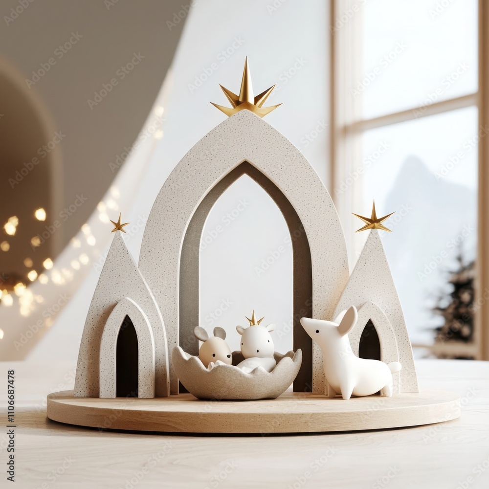 Poster creating a minimalist contemplative nativity scene home art installation tranquil space close-up vie