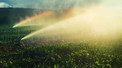 Irrigation system spraying water over a lush green field under a cloudy sky.