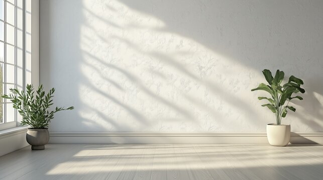 Minimalist white empty room interior blank wall background backdrop with plants window light shadows for online presentations webinars virtual meetings teams video call desktop wallpaper