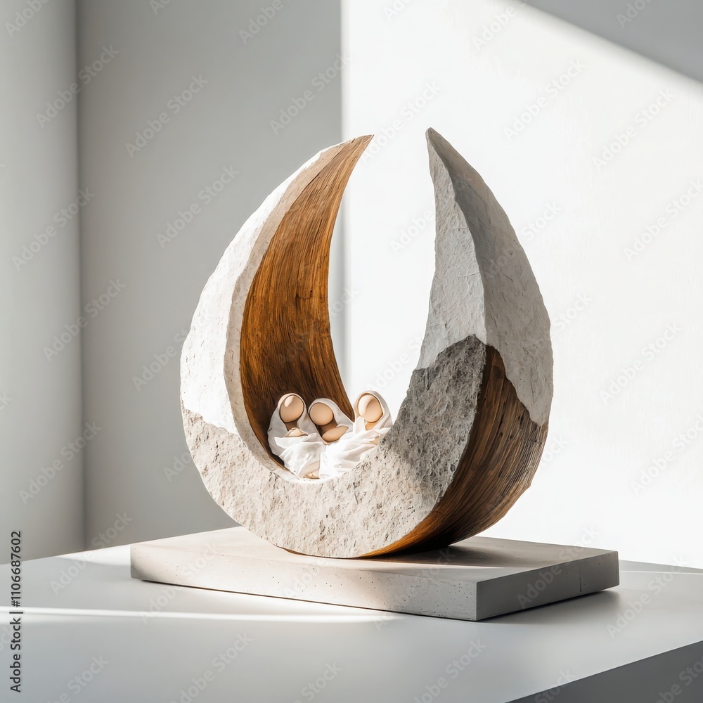 Poster creating a modern minimalist nativity tableau exploring form and texture in contemporary design home